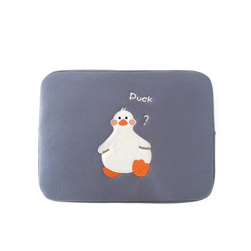 Blue cotton tablet case with embroidered cartoon duck design and a zipper.