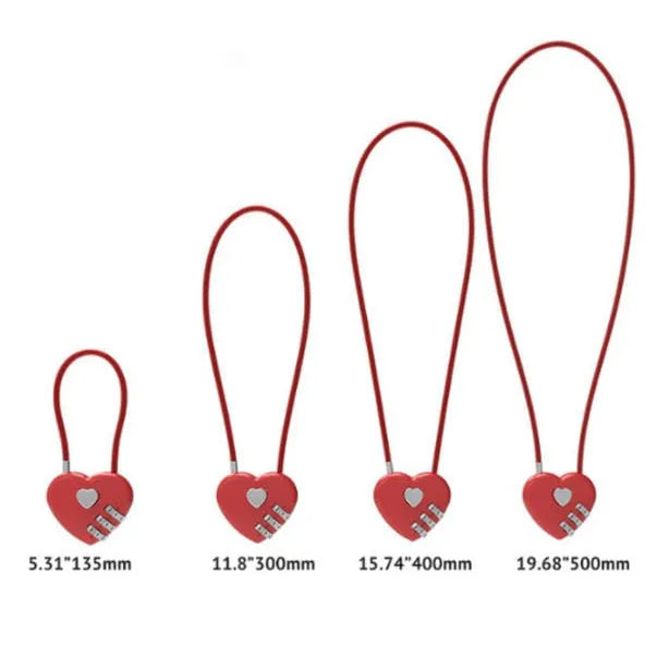 Peach heart shaped ABS plastic lock with a steel wire rope, shown in a choice of colours.