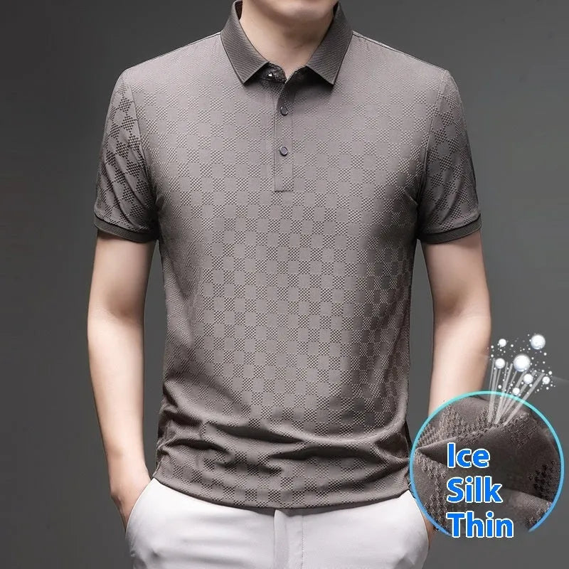 Rhombus thin ice silk short sleeve T-shirt in black featuring a slit design on the body.