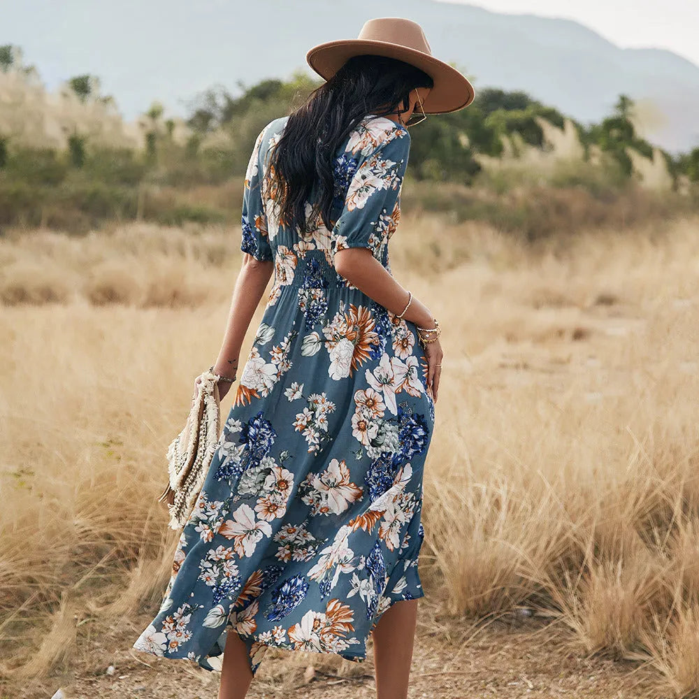 Floral print summer dress with V-neck and elastic high waist in yellow colour