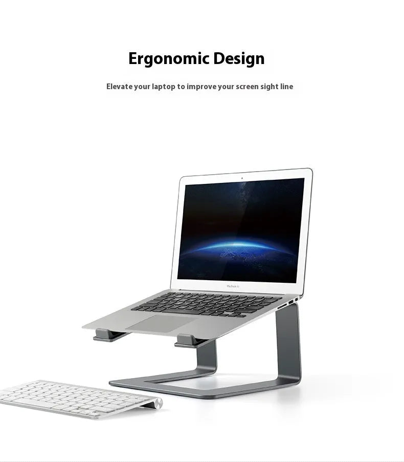 Black aluminium alloy laptop stand on a desk, elevating a silver laptop.