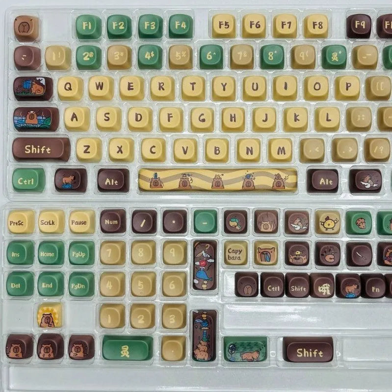 Capabala PBT mechanical keyboard keycap set showing 130 colourful keycaps with clear printed legends