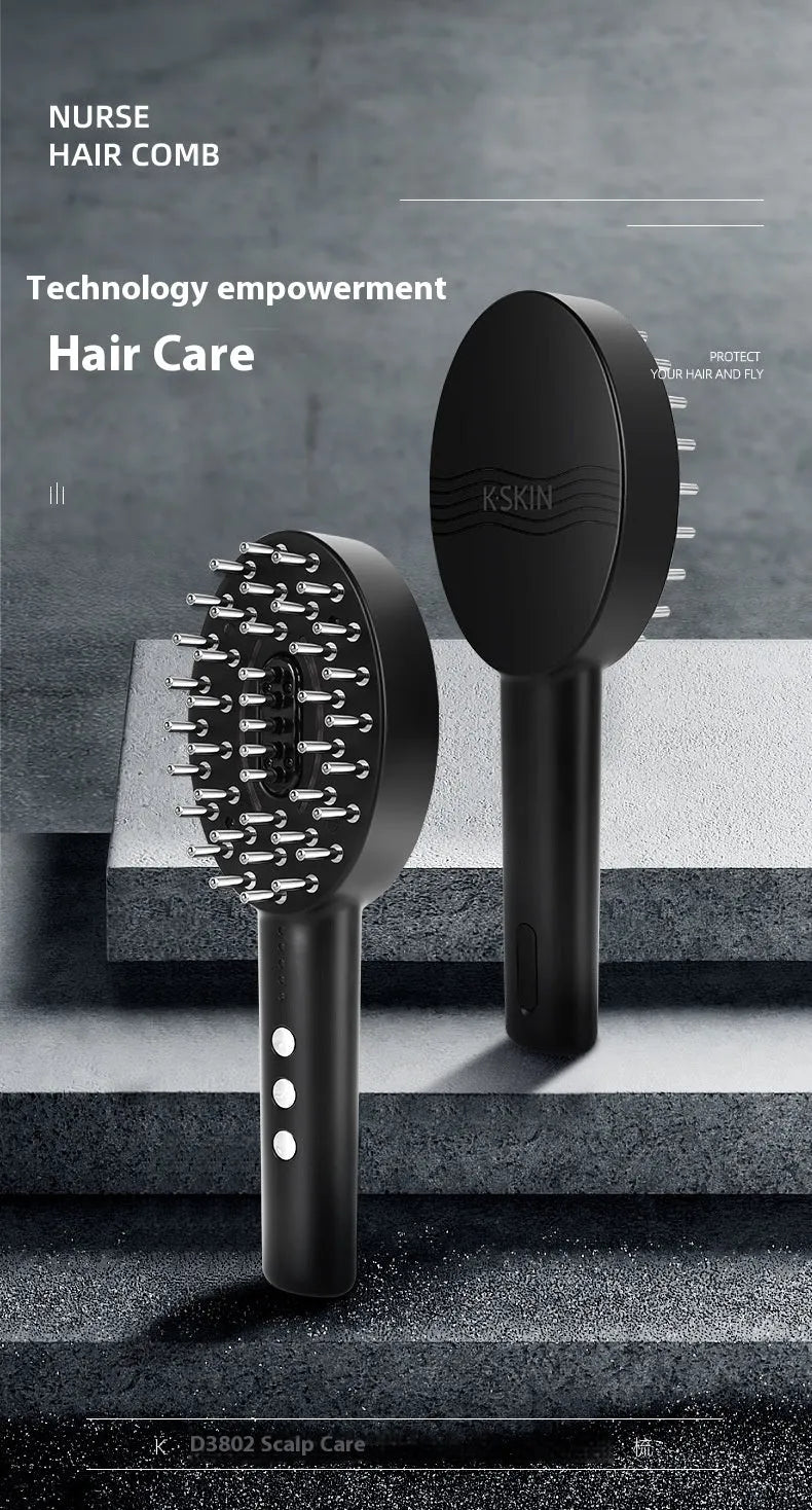 Black handheld scalp massage device with vibration function on a white background