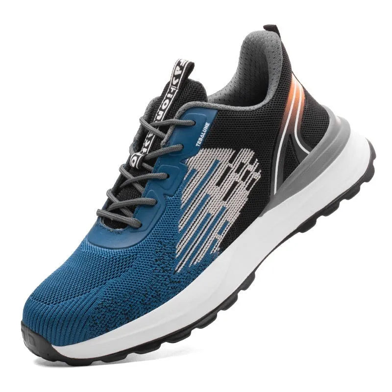 Blue men's safety work shoes with plastic toe cap and mesh upper, showing lace binding and non-slip sole