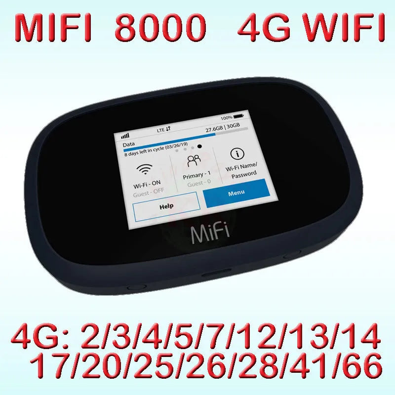Black MFI8000 4G portable wireless router with battery and data cable.