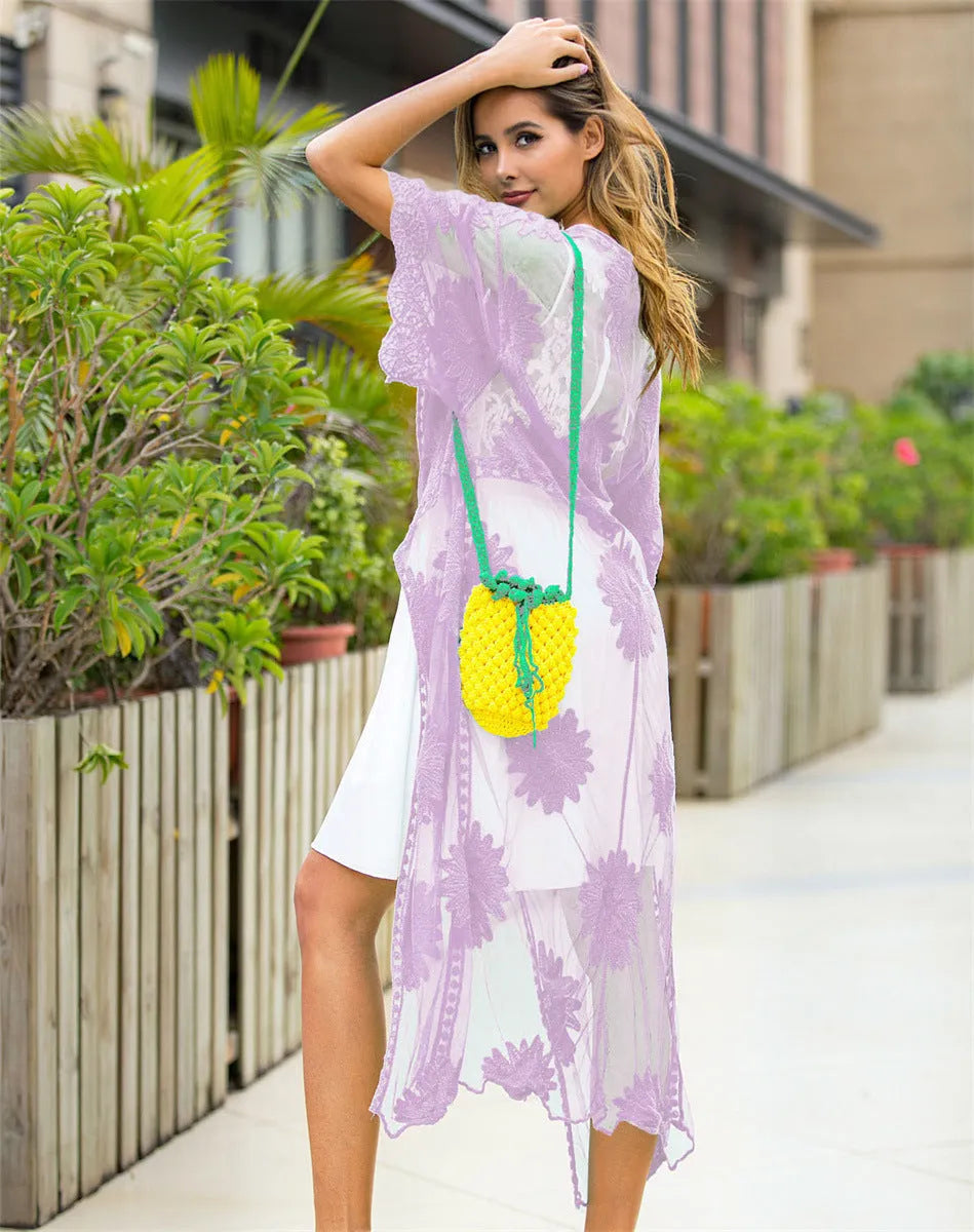 Light purple lace embroidery beach cover-up dress for swimming and beachwear