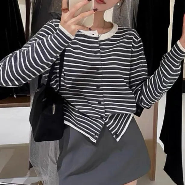 Women's dark grey and white striped French style cardigan coat with slim fit and cropped 40cm length