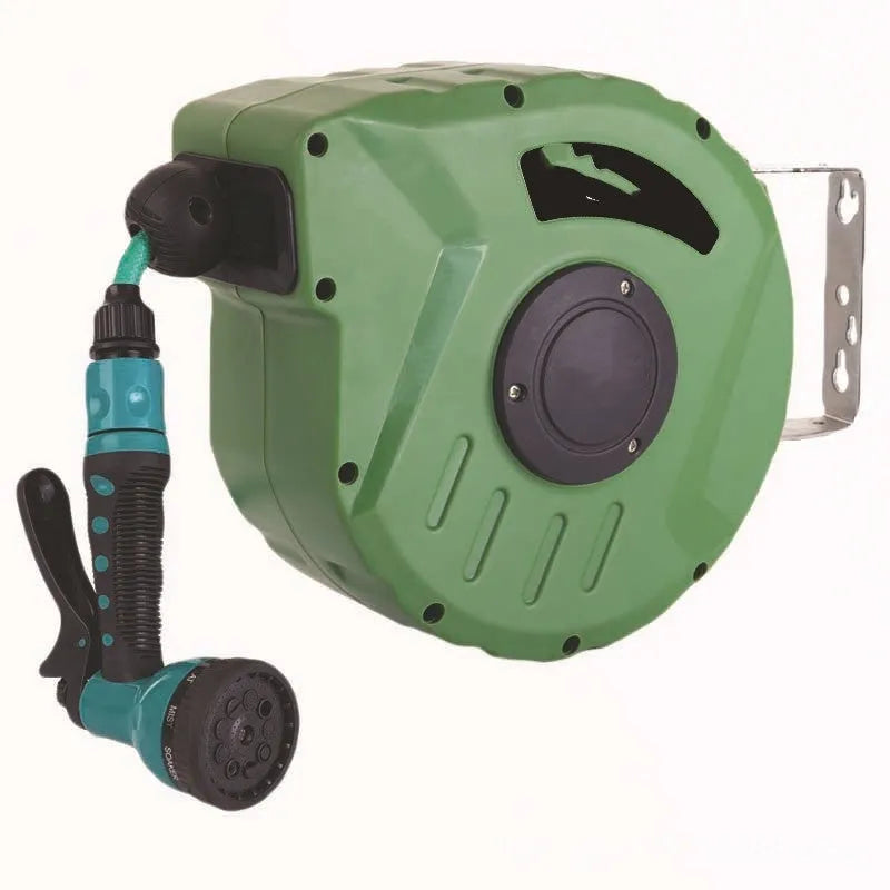 Automatic retractable hose reel with 10 metre PVC water pipe in compact drum for car washing
