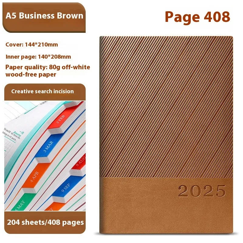 Thick business notepad with striped PU leather cover showing colour options and open pages