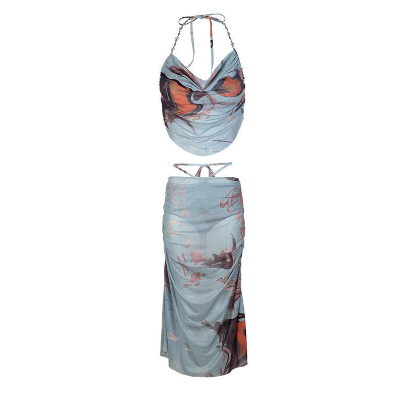 Blue women's three-piece bikini set with diamond chain split pattern and backless briefs design