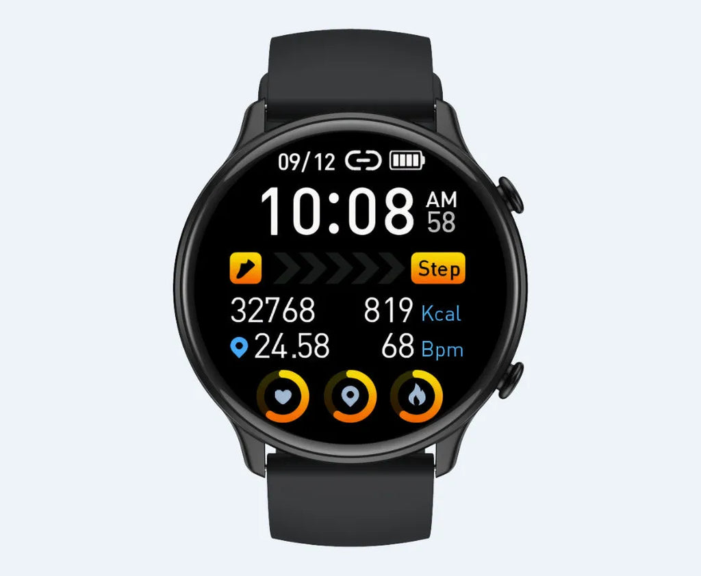 Round smart sports watch with touch screen and silicone strap showing heart rate monitoring display
