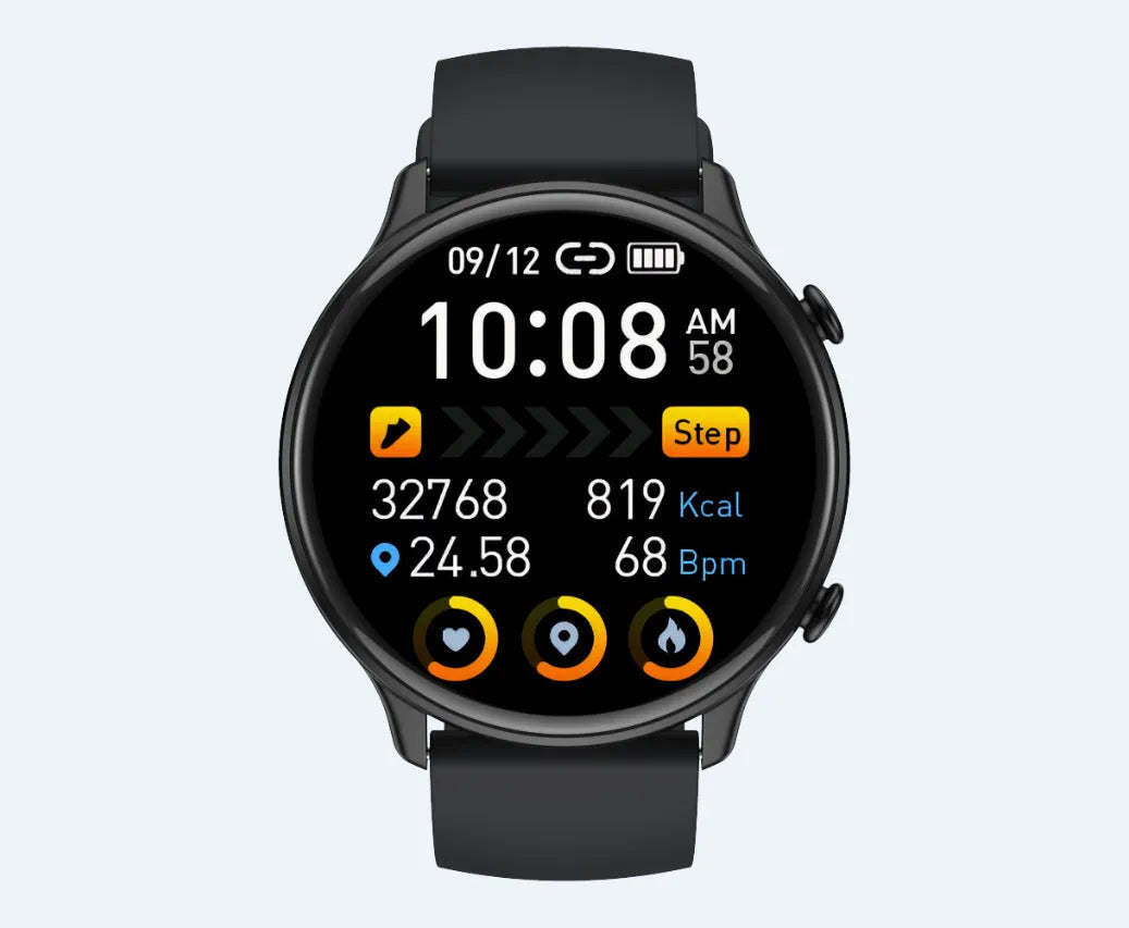 Round smart sports watch with touch screen and silicone strap showing heart rate monitoring display