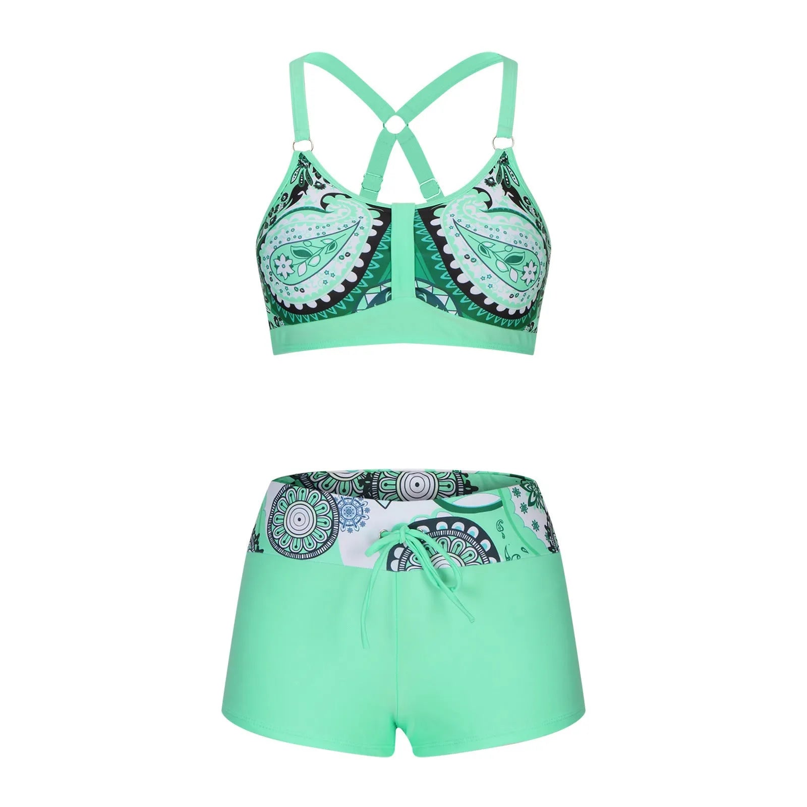 Women's floral printed bikini swimsuit with bra and shorts in polyester fabric