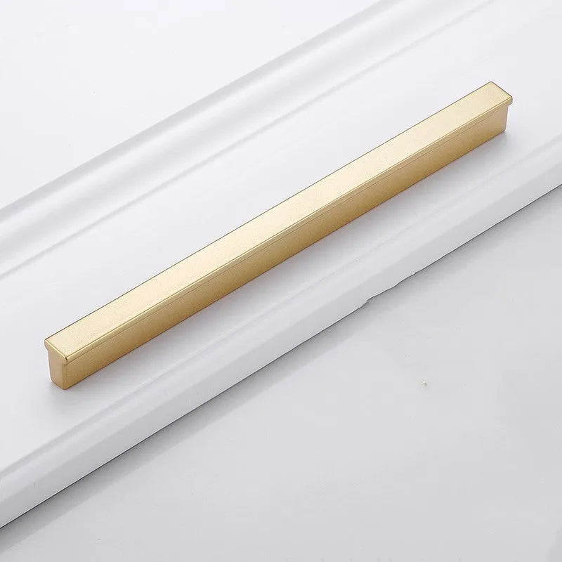 Gold T-shaped modern single hole cabinet drawer handle showing three size variants.