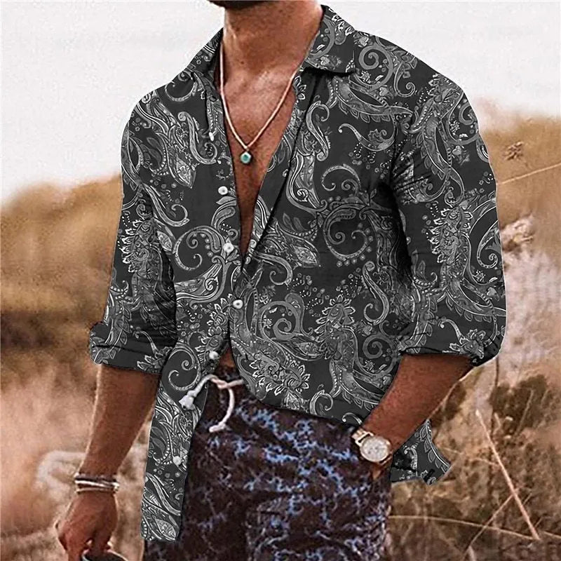 Men's loose fit shirt with 3D floral pattern digital printing in polyester fabric