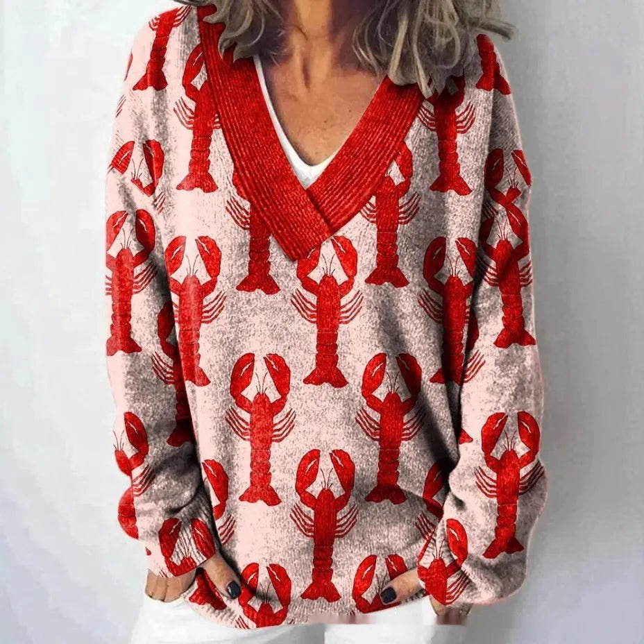 Women's V-neck long sleeve sweatshirt with a raised 3D floral pattern print in art retro style.
