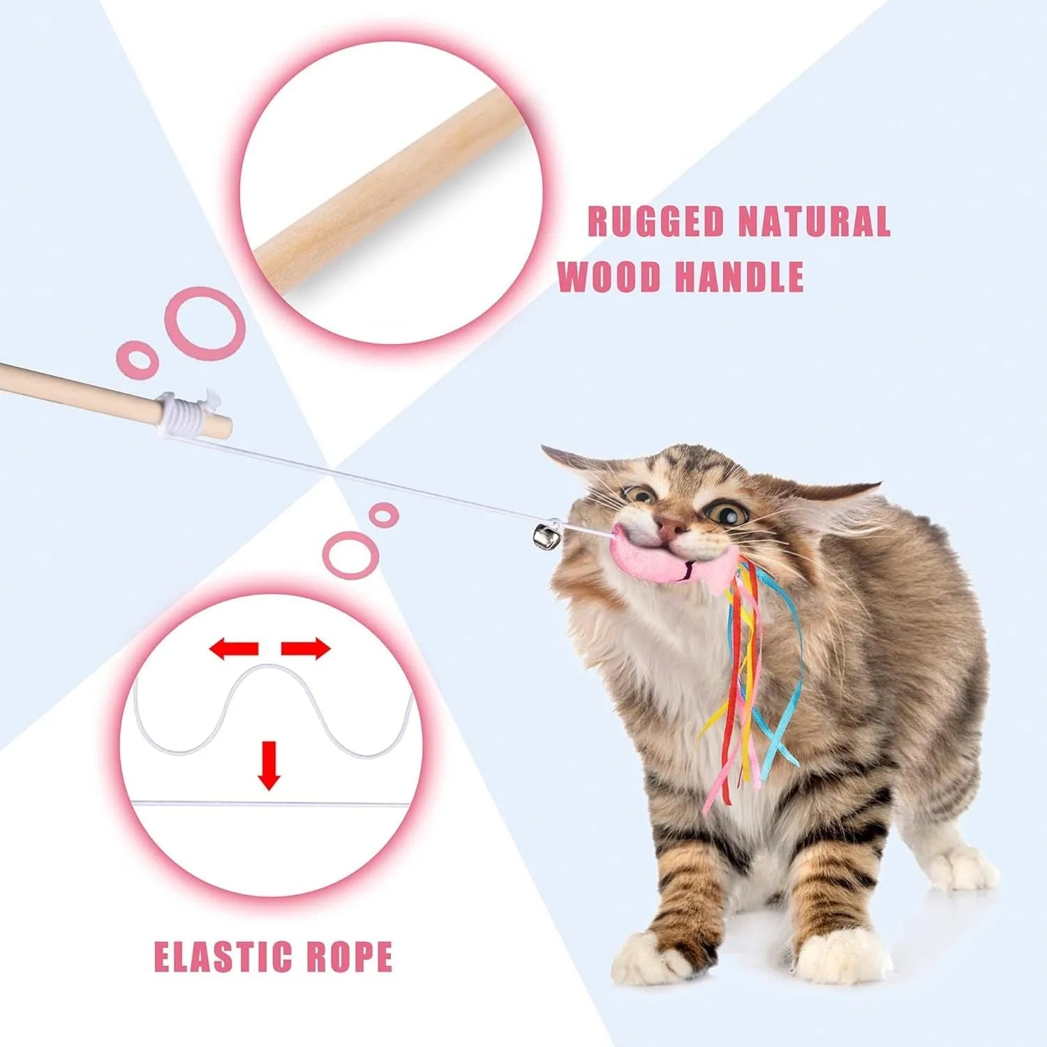 Colourful cat wand toy with ribbons, catnip fish, and bell on a wooden handle.