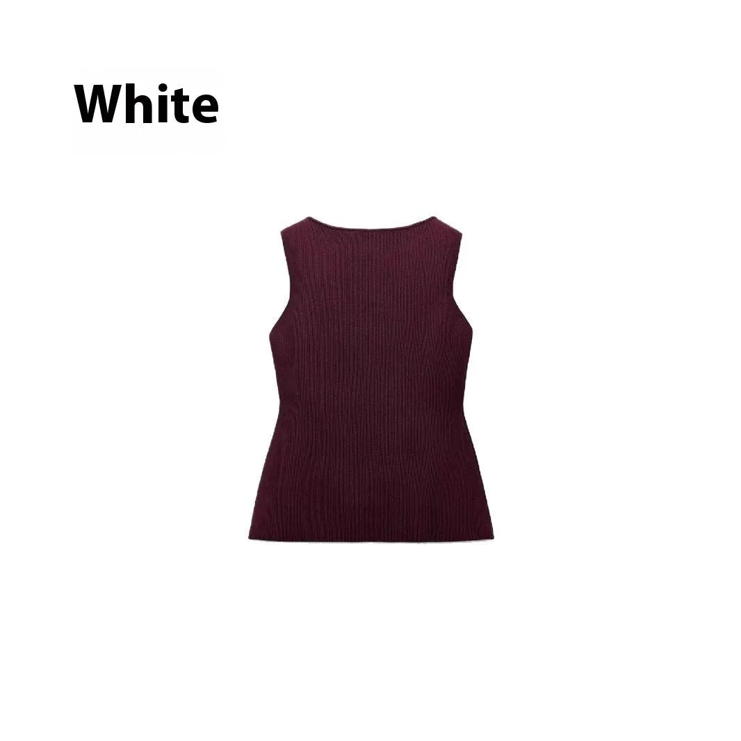 Women's dark red sleeveless sweater vest with gold buttons and 3D pattern, slim fit viscose cardigan