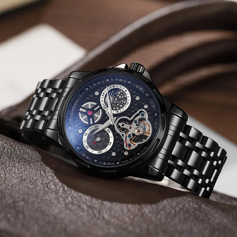 Men's automatic waterproof watch with luminous hands and stainless steel case on leather strap