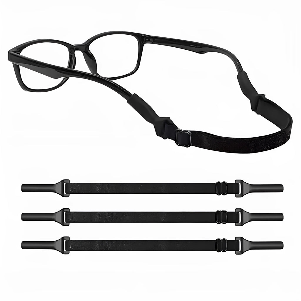 Black adjustable glasses cord with silicone earpiece ends for anti-slip security