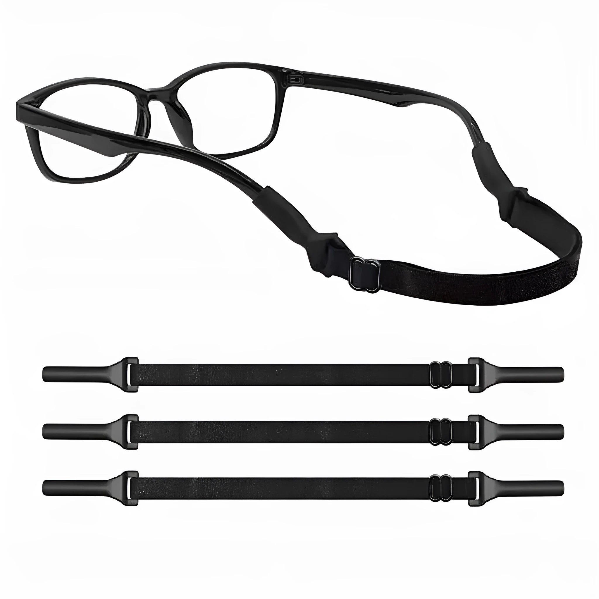 Black adjustable glasses cord with silicone earpiece ends for anti-slip security