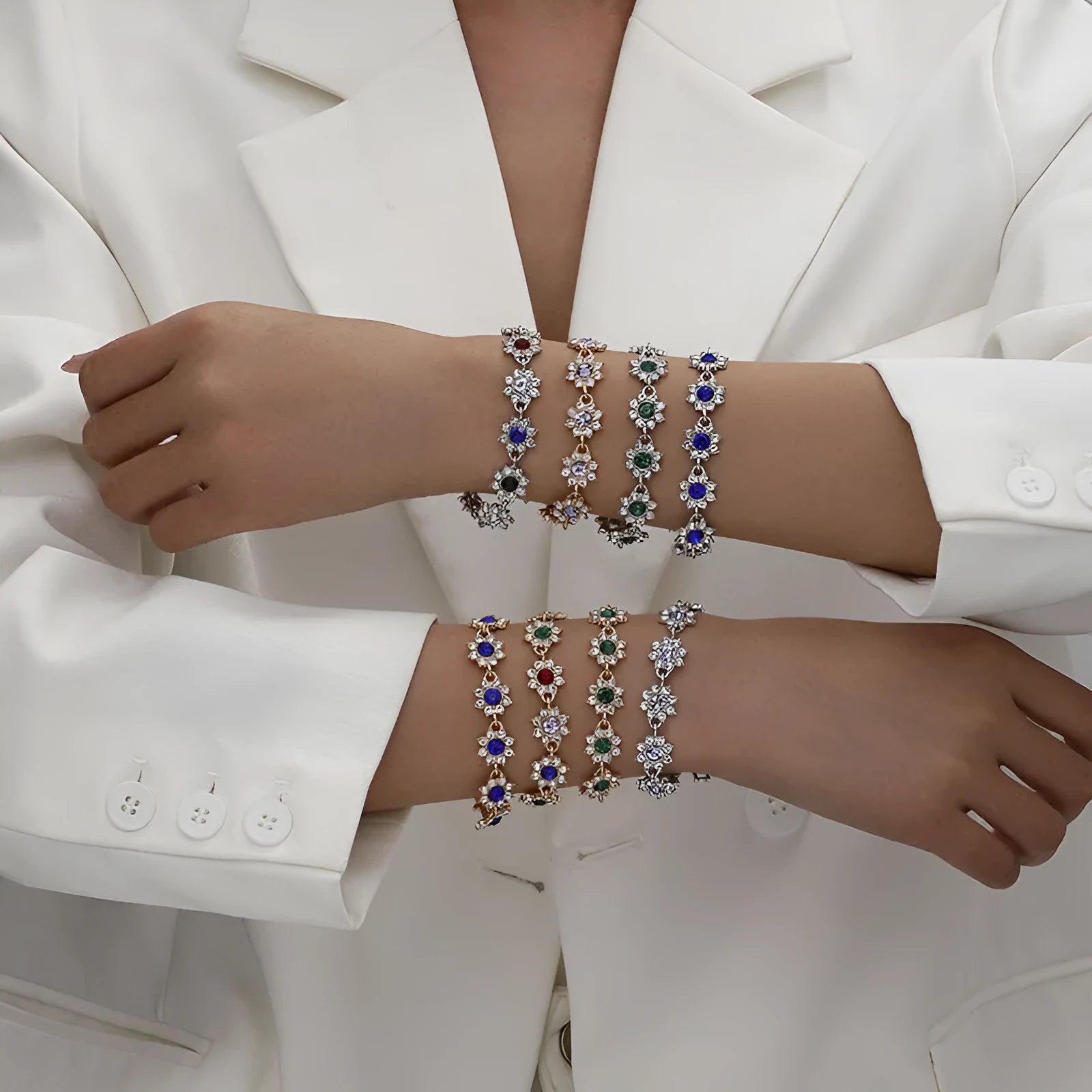 Gold and silver electroplated flower bracelet with coloured gemstone accents on zinc alloy