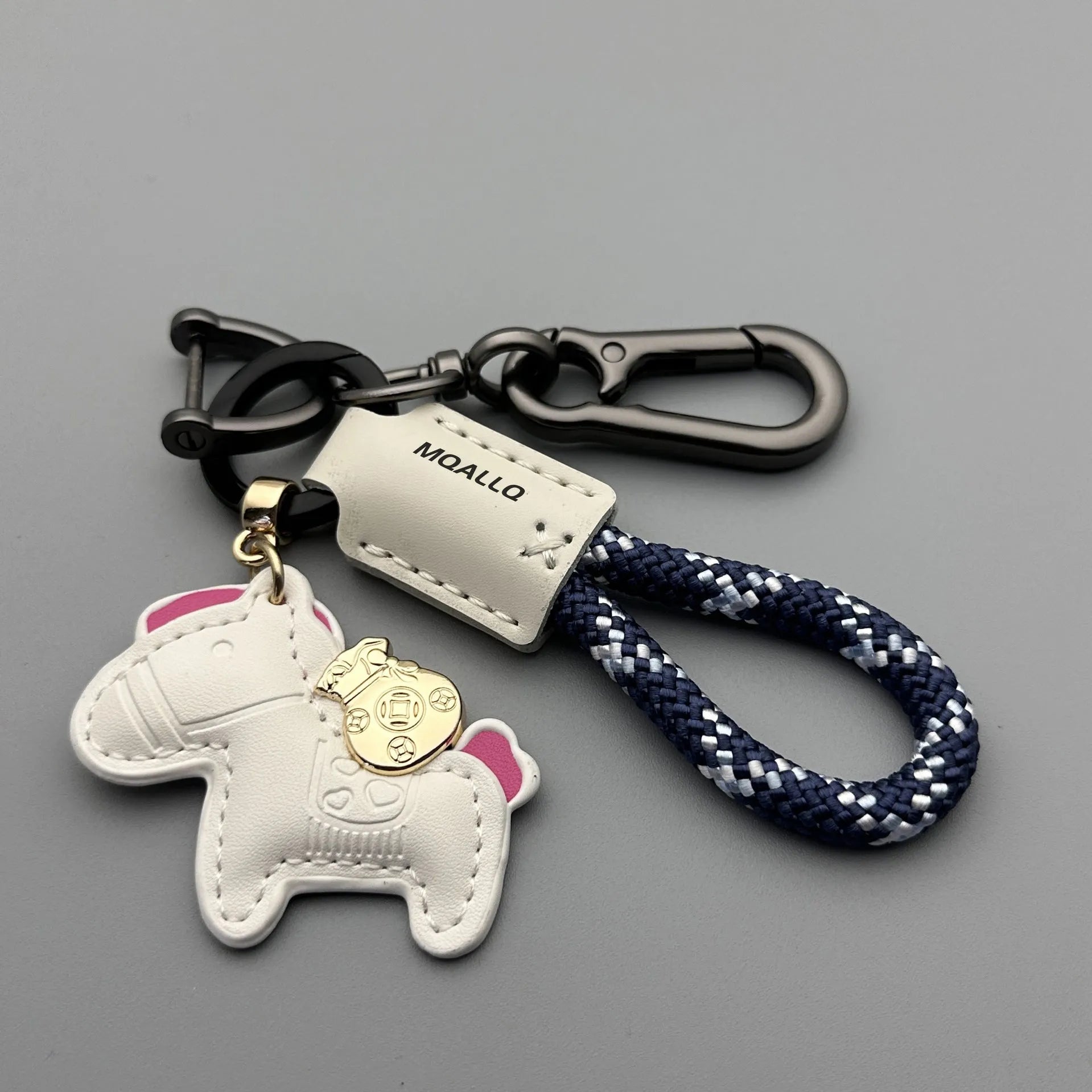 Handmade cowhide leather car key pendant with zinc alloy pony buckle and coloured flanelle rope