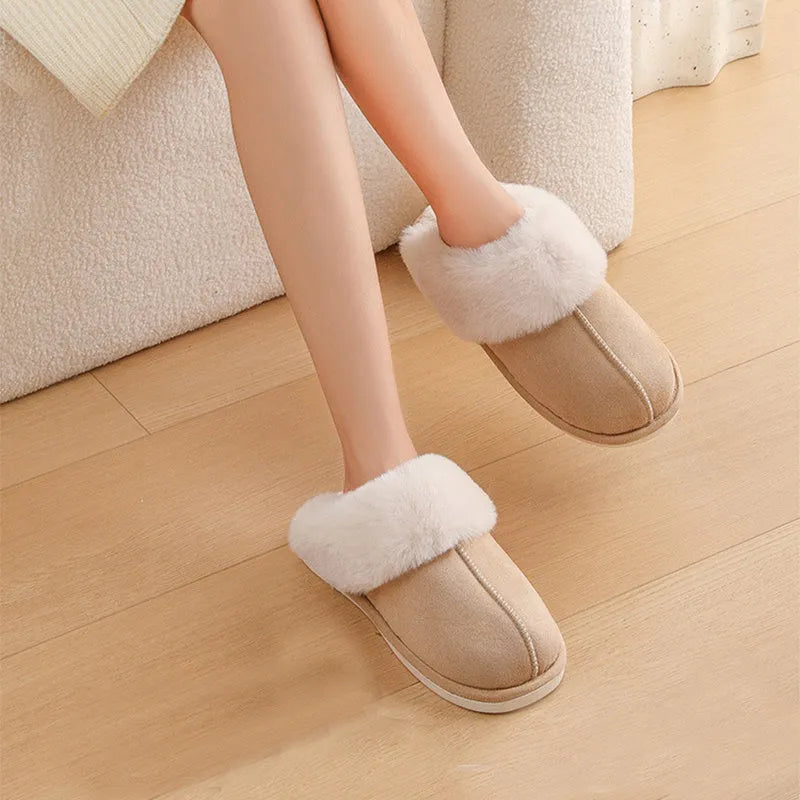 Women's brown plush indoor slippers with round toe design and non-slip PVC soles