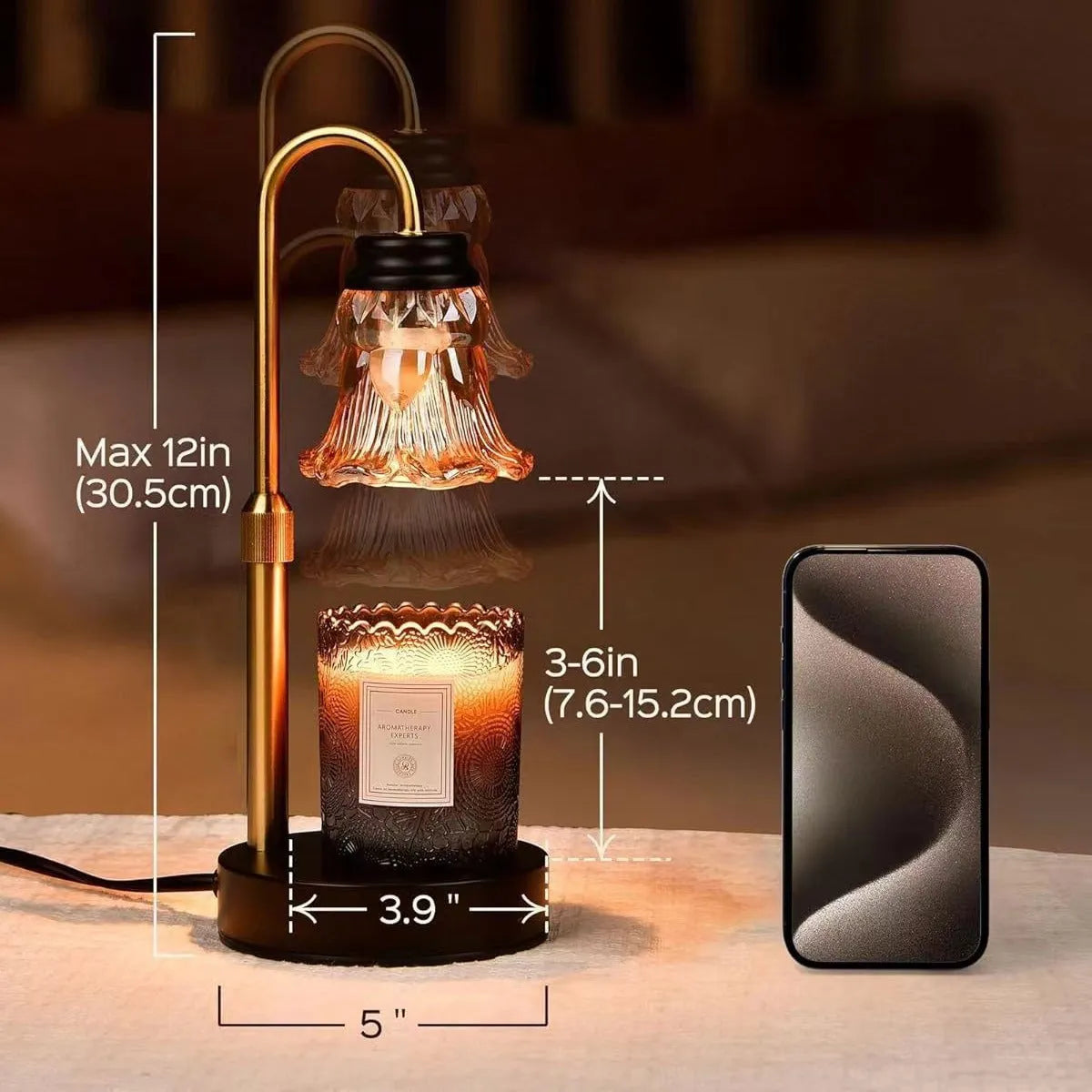 Bamboo holder aromatherapy wax melting lamp with adjustable height up to 30.5cm