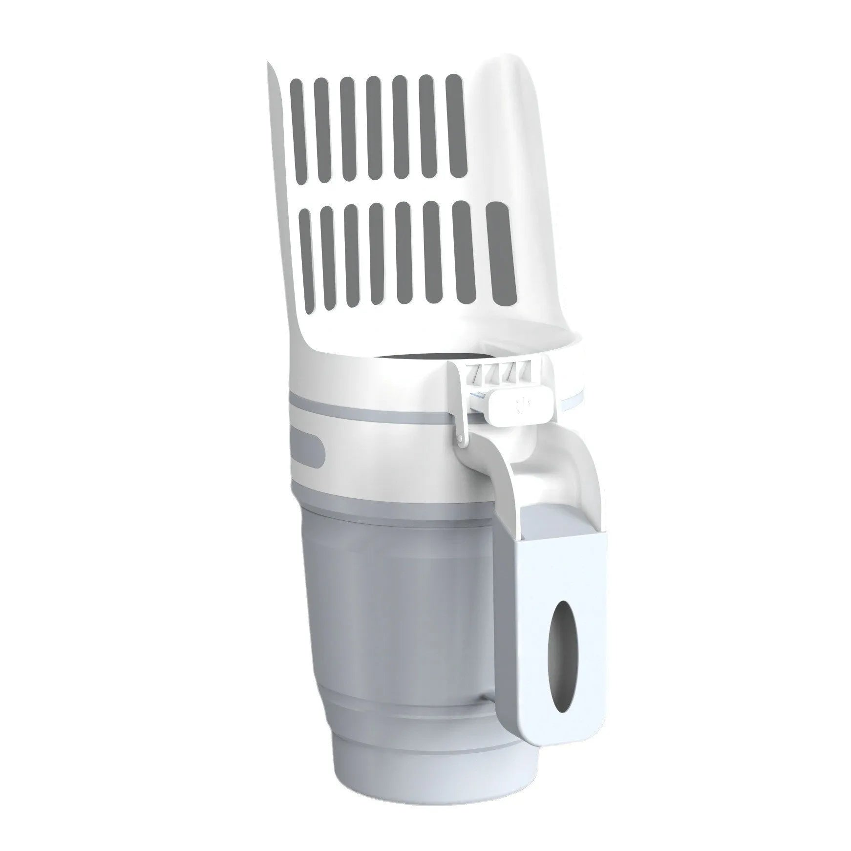 Grey cat litter scoop with waste collection bin showing foldable bottom design