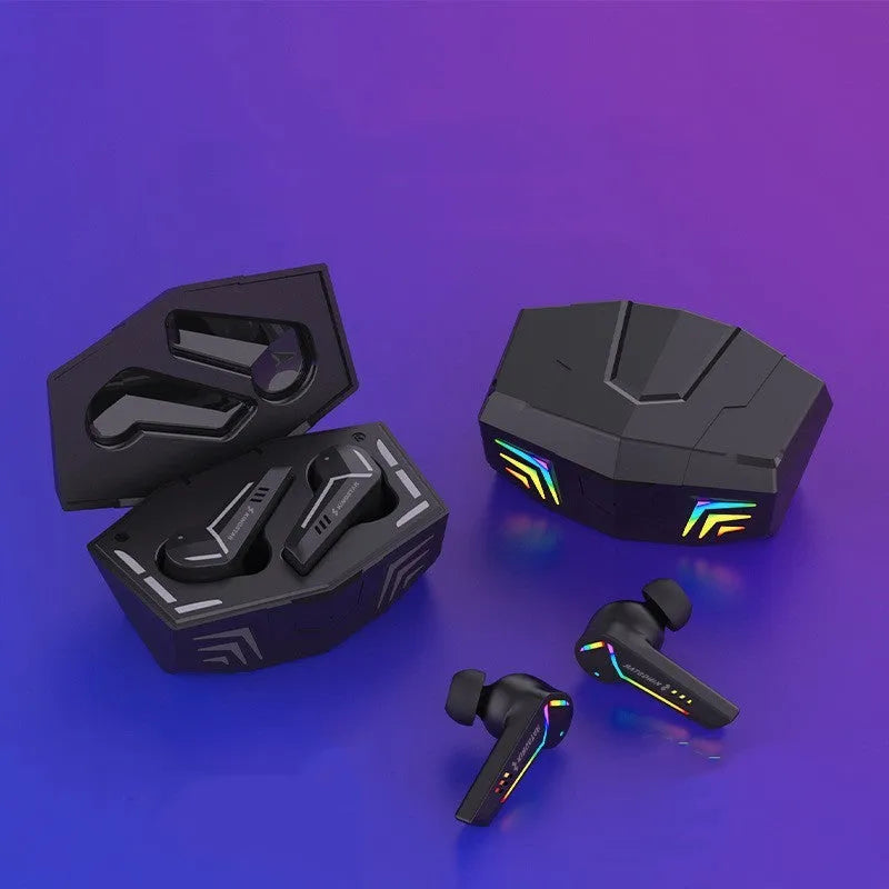 Small black TWS Bluetooth earbuds with low latency for gaming and sports.