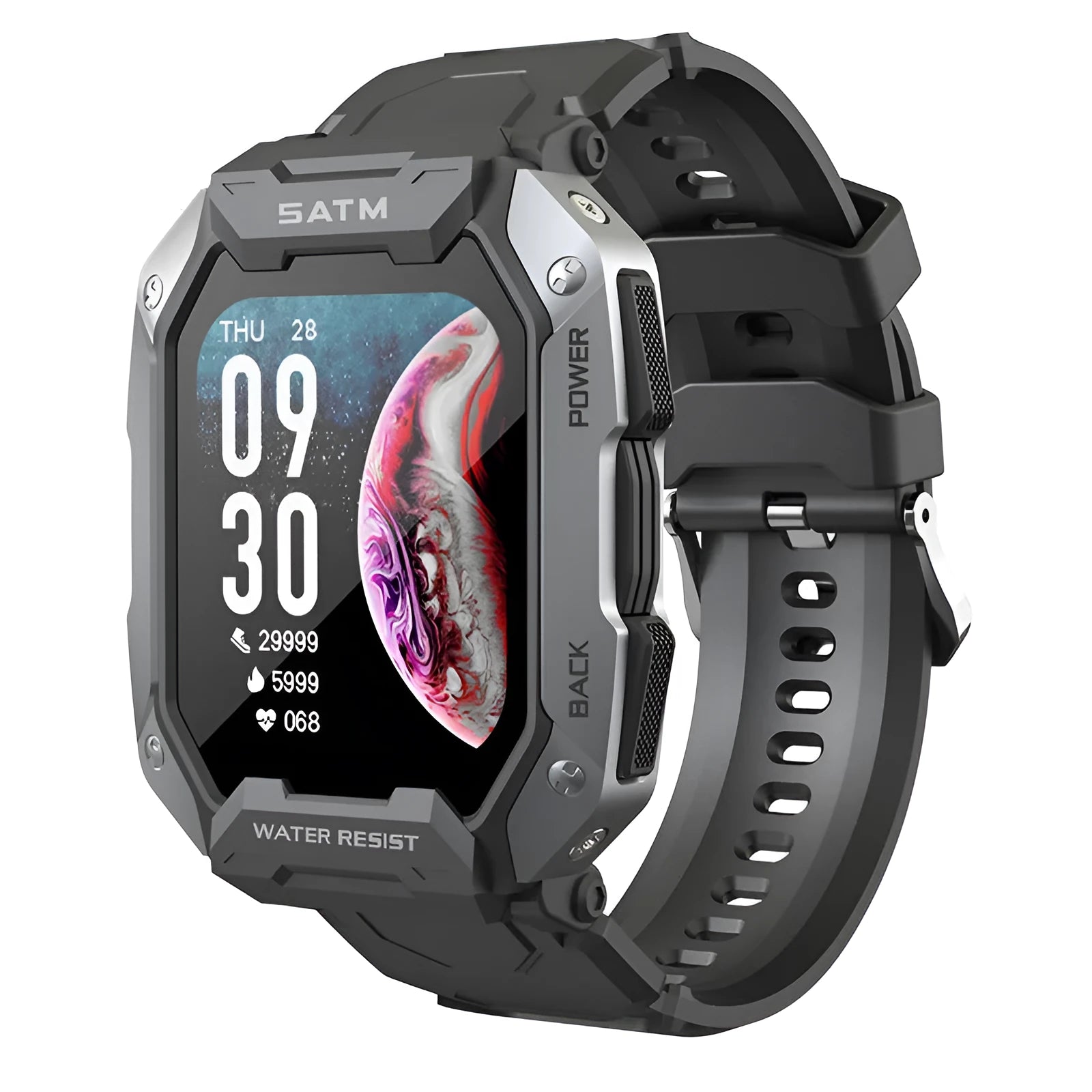 Men's smartwatch with silicone strap showing heart rate and blood pressure monitoring on display