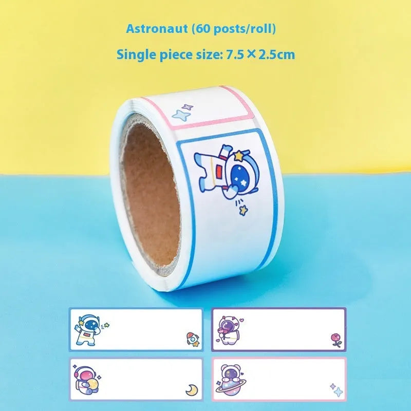Roll of cartoon adhesive name tape stickers showing Dinosaur, Astronaut, Rabbit, and Girl designs.