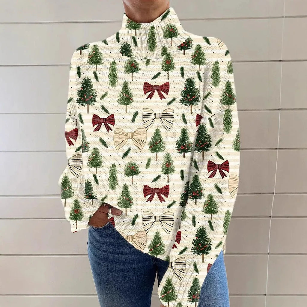 Women's Christmas pattern printed turtleneck sweater in macaron colours with long sleeves