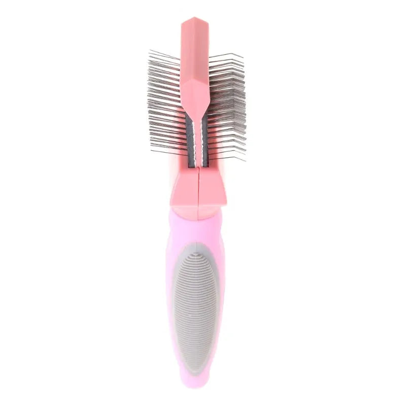 Double-sided pet grooming brush with stainless steel pins and blue ergonomic handle