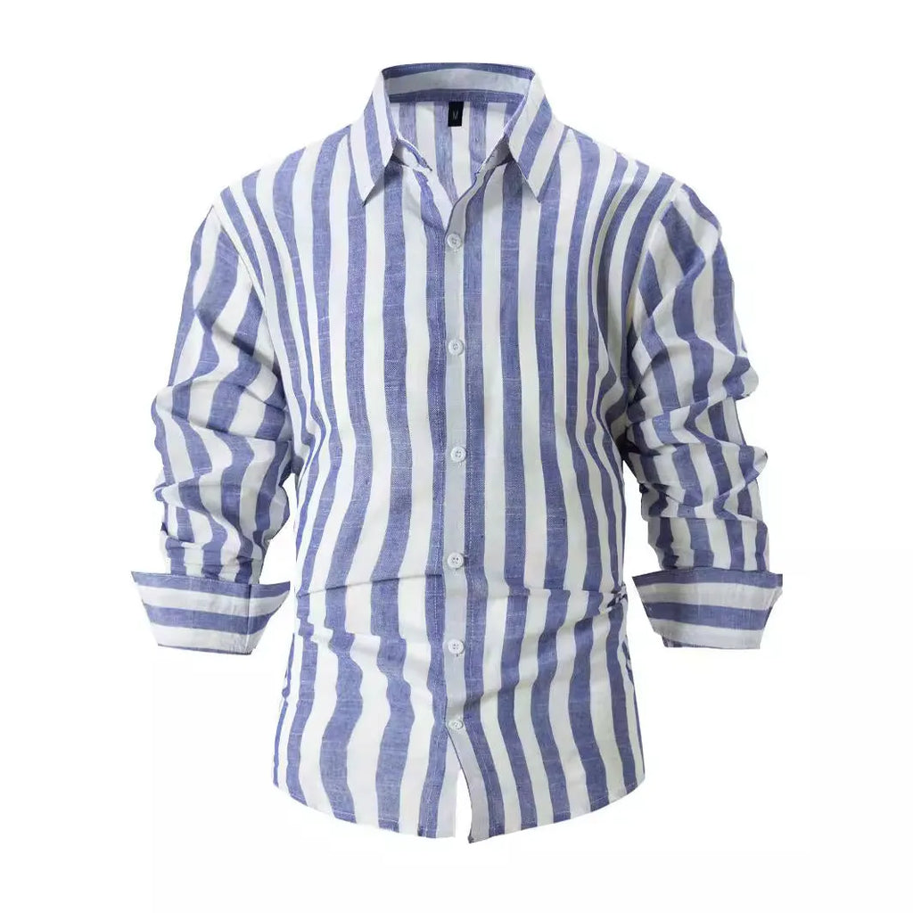 Men's yarn-dyed striped casual shirt with loose British style cardigan fit in polyester fabric