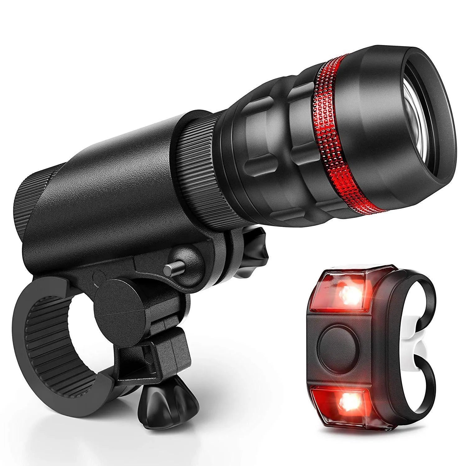 Bicycle front and rear light set with handlebar mounting bracket for cycling visibility