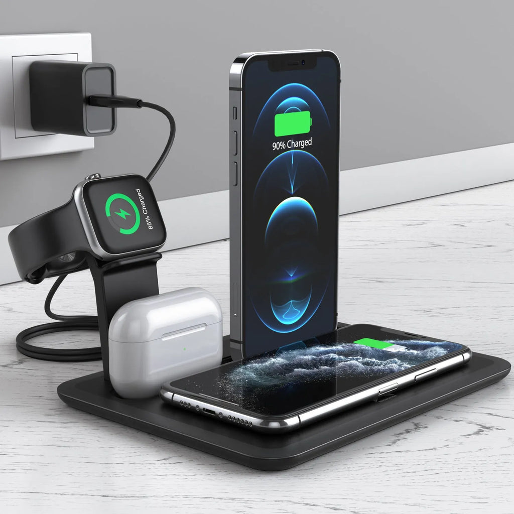 Wireless charging station for phone, watch and headphones on desktop in black finish