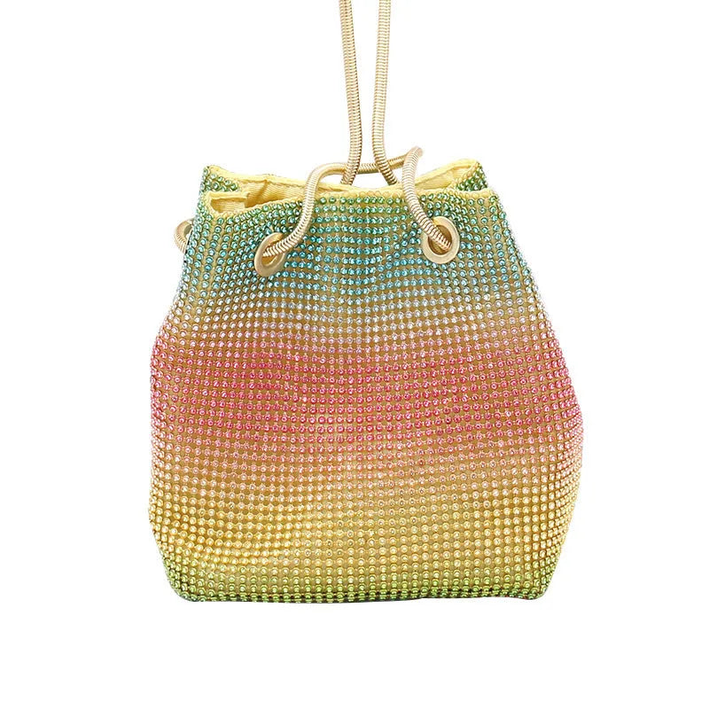 Rainbow rhinestone bucket bag with sparkling crystal surface and soft bucket shape