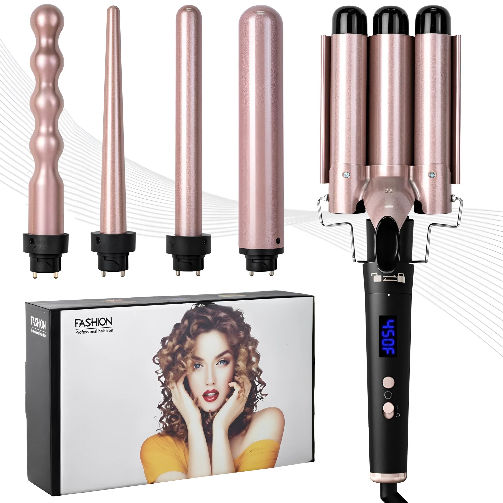 Rose gold hair curler with five tube attachments and LCD screen display