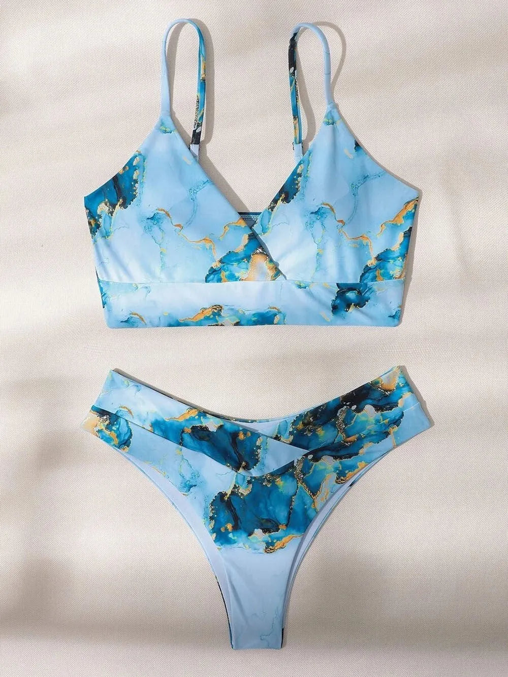 Women's marble tie-dye printed high waist bikini with U-neck design for swimming