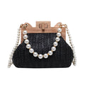 Women's straw woven shoulder bag with pearl chain strap in horizontal square shape showing internal organisers