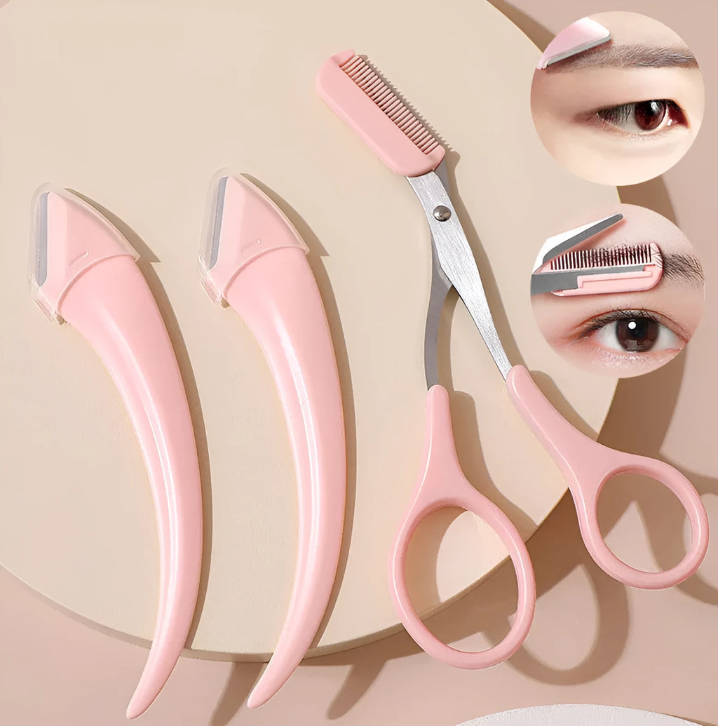 Close-up of a pink and white eyebrow trimming knife with a curved blade and a small comb on a white background.