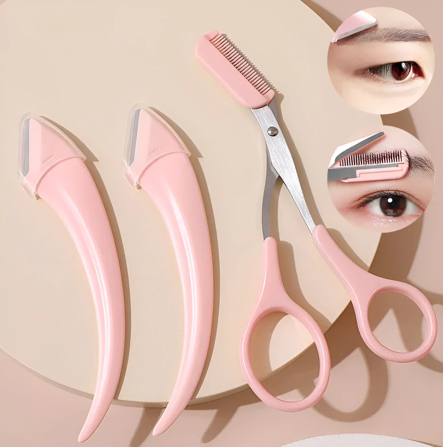 Close-up of a pink and white eyebrow trimming knife with a curved blade and a small comb on a white background.