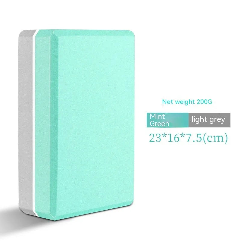 High-density EVA yoga block in pink next to a dark blue block, showing 7.5cm height and printed cartoon design options.