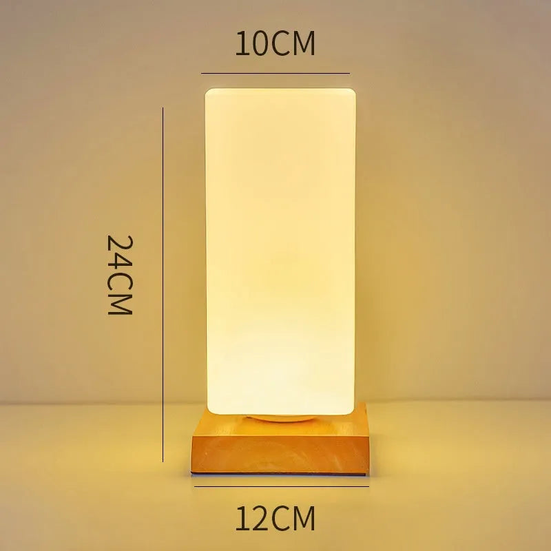 Nordic solid wood USB table lamp with touch dimming showing cube, cylinder, and ball light modes