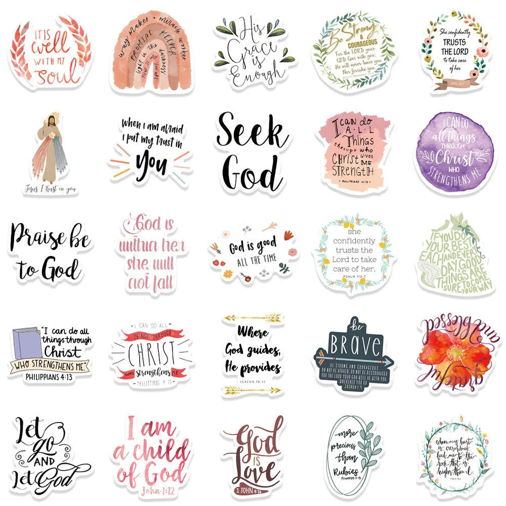 Assortment of 50 printed graffiti-style decorative stickers on a sheet