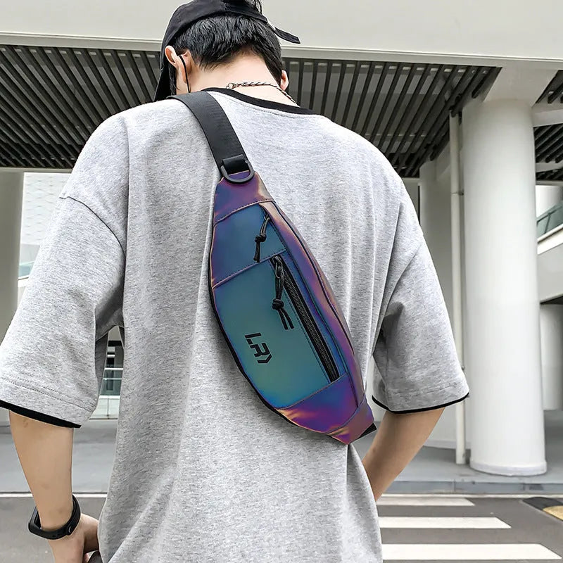 Blue reflective crossbody cycling bag with soft handle and open pocket design