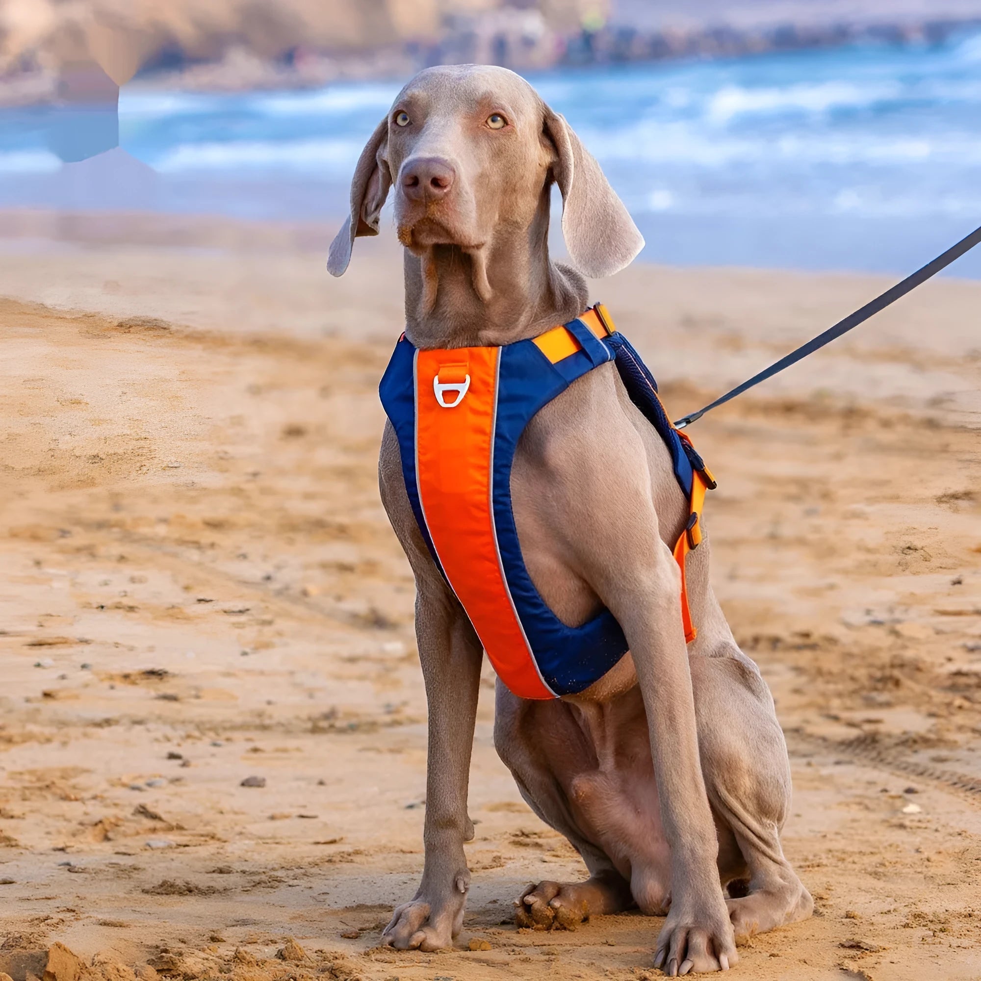 Orange blue nylon dog vest harness showing chest strap and back attachment points for secure pet control