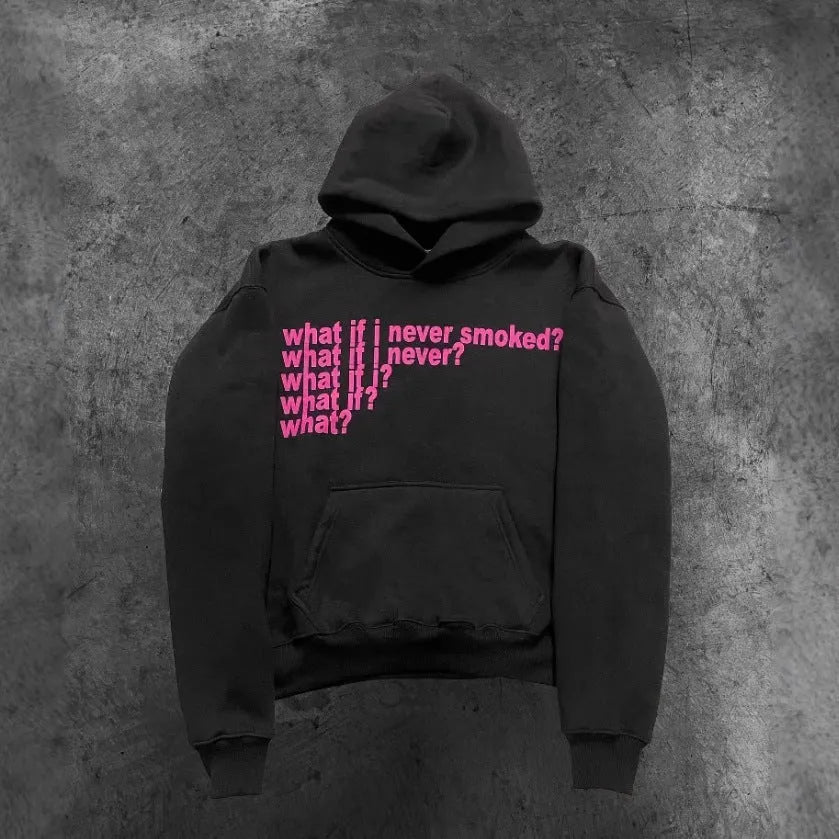 Black hooded sweater with white letter print pattern, regular sleeves